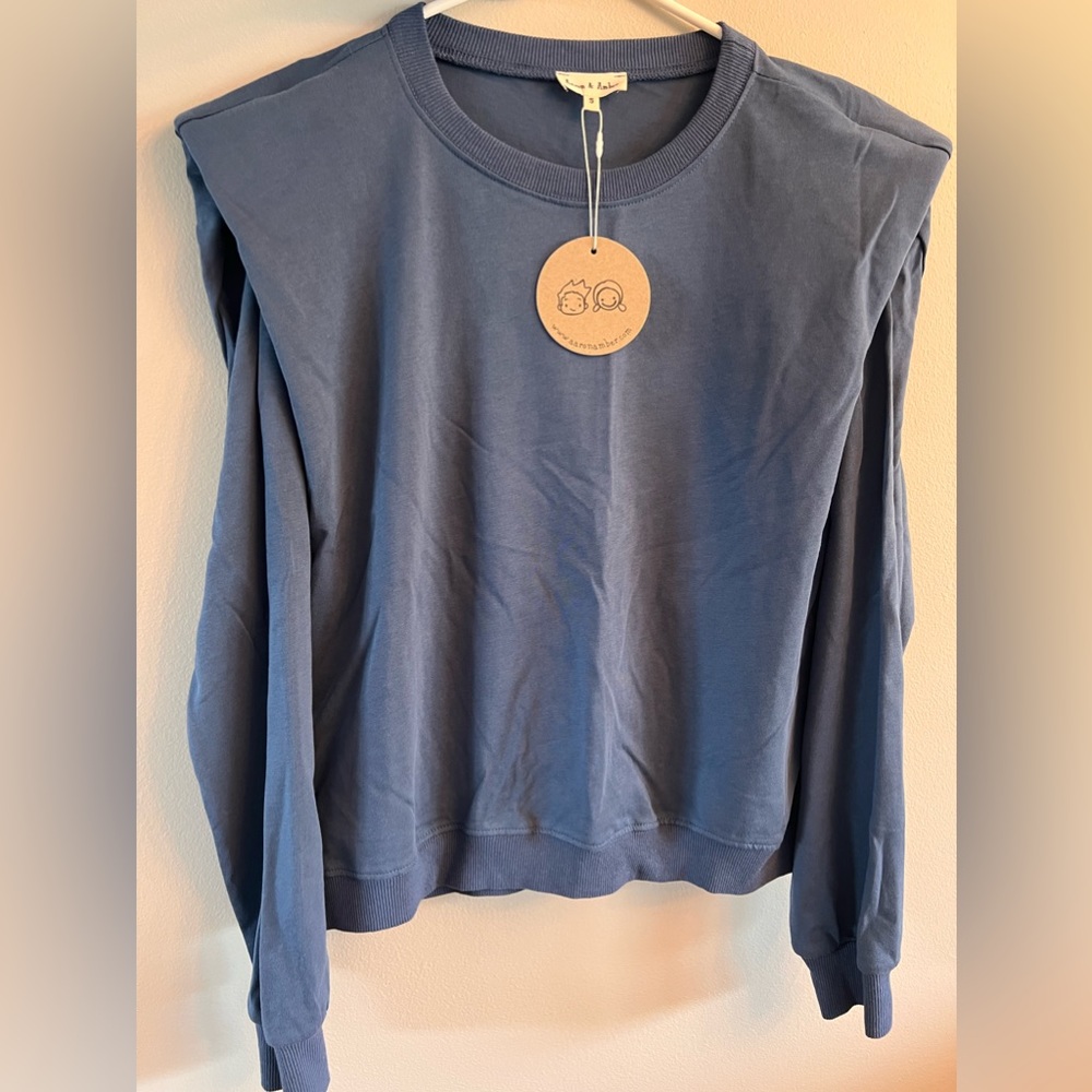 [Aaron & Amber] Blue Pullover Shoulder Pad Sweatshirt